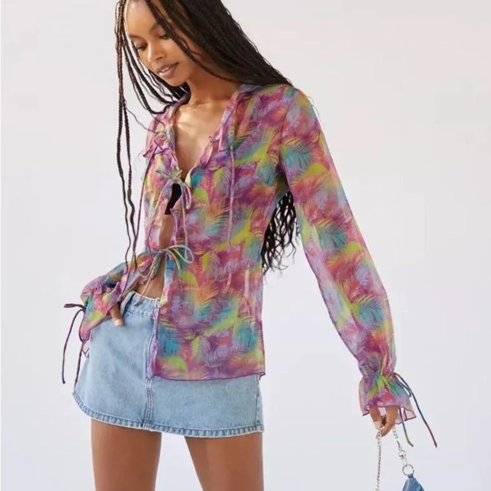 Urban Outfitters Misty Multicolor Sheer Blouse with Tie Accent Abstract Colorful